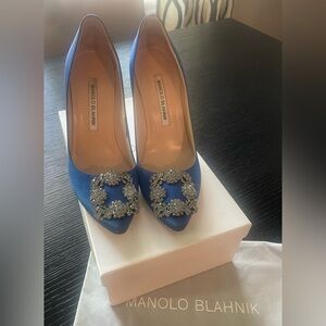 Manolo Blahnik Hangisi Blue Satin Pumps